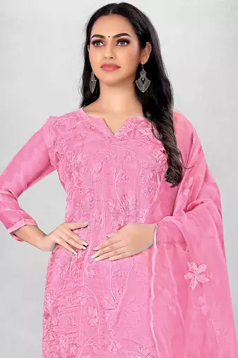 Women's Pink Organza Silk Floral Printed Suit Dress Material With Organza Dupatta