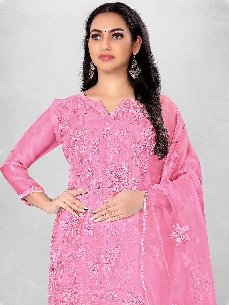 Women's Pink Organza Silk Floral Printed Suit Dress Material With Organza Dupatta
