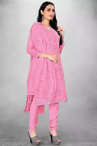 Women's Pink Organza Silk Floral Printed Suit Dress Material With Organza Dupatta