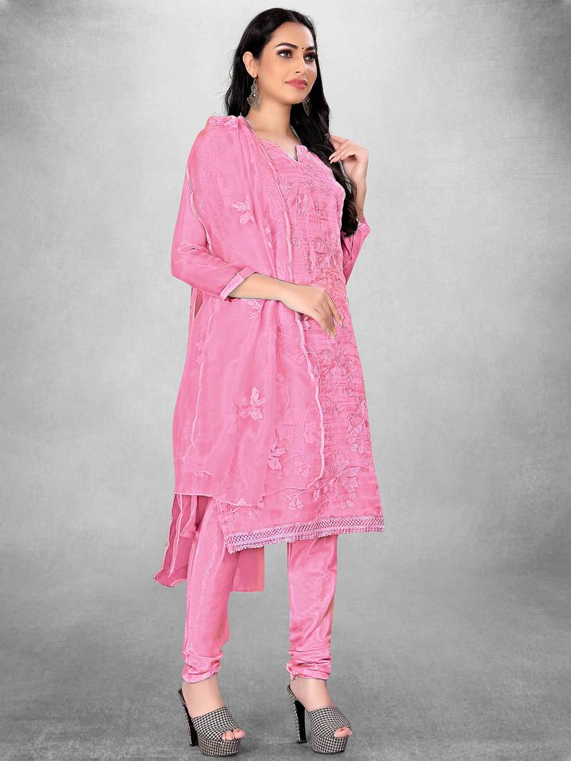 Women's Pink Organza Silk Floral Printed Suit Dress Material With Organza Dupatta