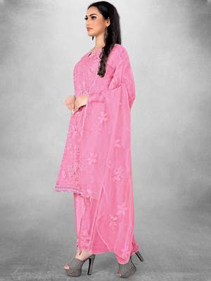 Women's Pink Organza Silk Floral Printed Suit Dress Material With Organza Dupatta 5