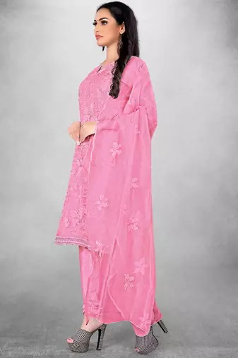 Women's Pink Organza Silk Floral Printed Suit Dress Material With Organza Dupatta