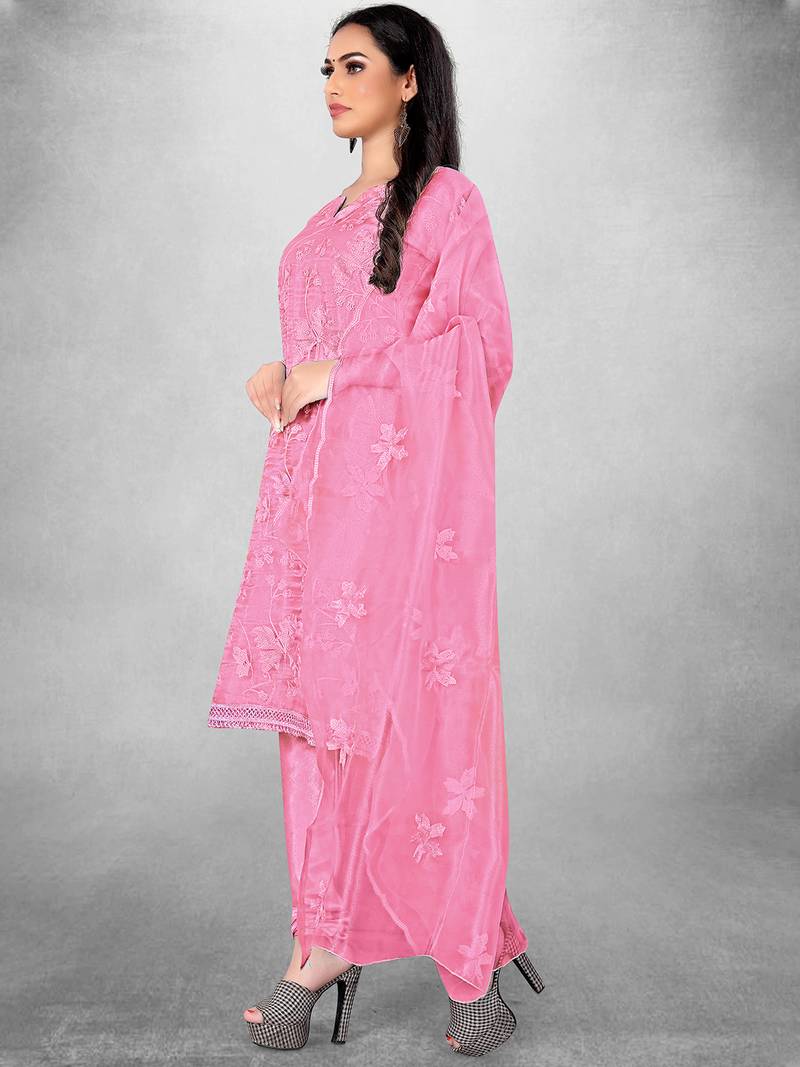 Women's Pink Organza Silk Floral Printed Suit Dress Material With Organza Dupatta