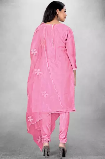 Women's Pink Organza Silk Floral Printed Suit Dress Material With Organza Dupatta