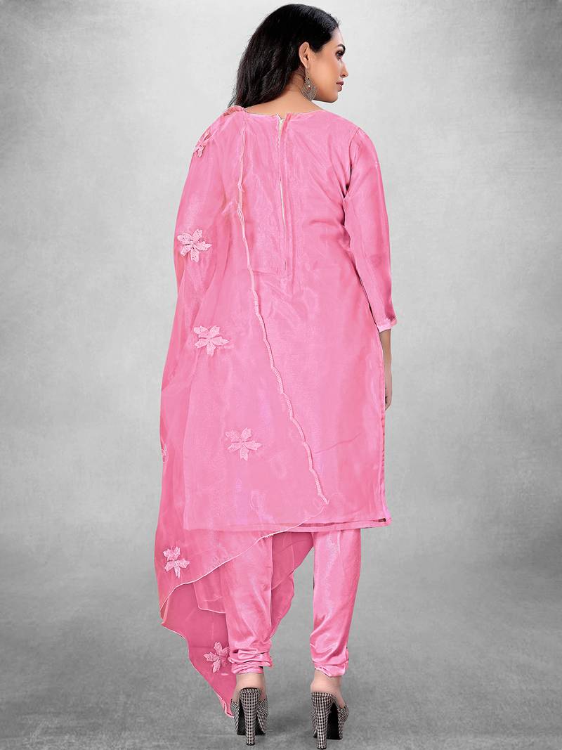 Women's Pink Organza Silk Floral Printed Suit Dress Material With Organza Dupatta
