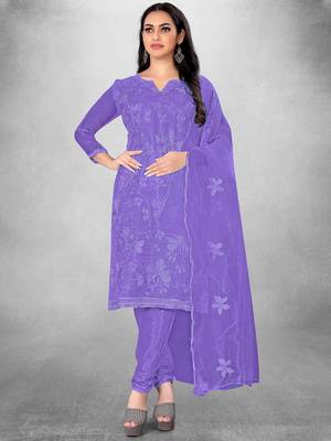 Women's Purple Organza Silk Floral Printed Suit Dress Material With Organza Dupatta 2