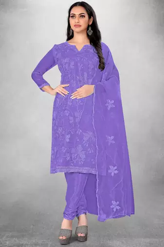 Women's Purple Organza Silk Floral Printed Suit Dress Material With Organza Dupatta