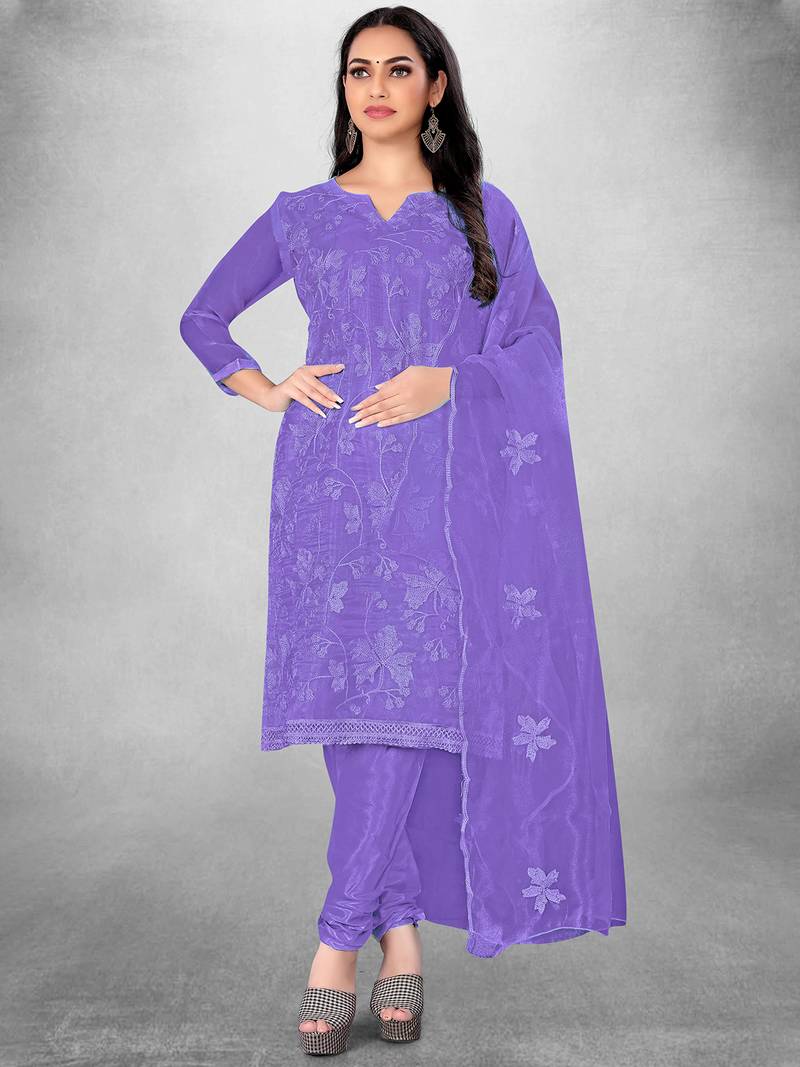Leeza Store Women's Purple Organza Silk Floral Printed Suit Dress Material With Organza Dupatta