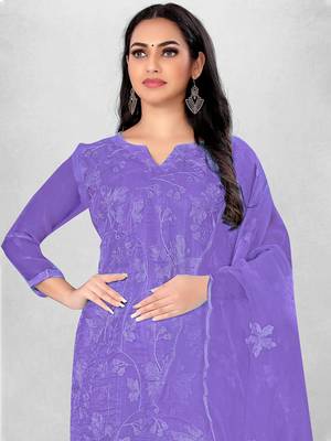 Women's Purple Organza Silk Floral Printed Suit Dress Material With Organza Dupatta 3
