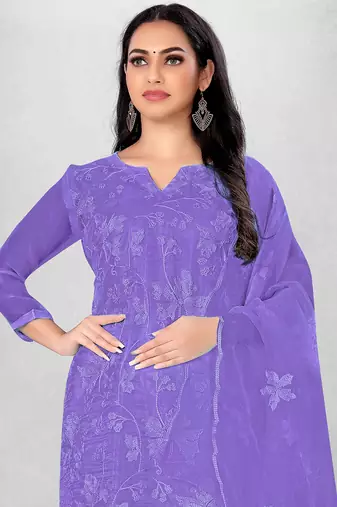 Women's Purple Organza Silk Floral Printed Suit Dress Material With Organza Dupatta