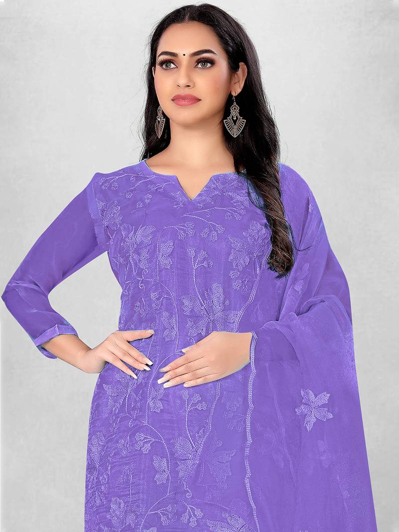 Leeza Store Women's Purple Organza Silk Floral Printed Suit Dress Material With Organza Dupatta