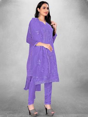 Women's Purple Organza Silk Floral Printed Suit Dress Material With Organza Dupatta 4