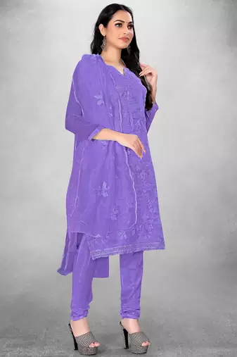 Women's Purple Organza Silk Floral Printed Suit Dress Material With Organza Dupatta
