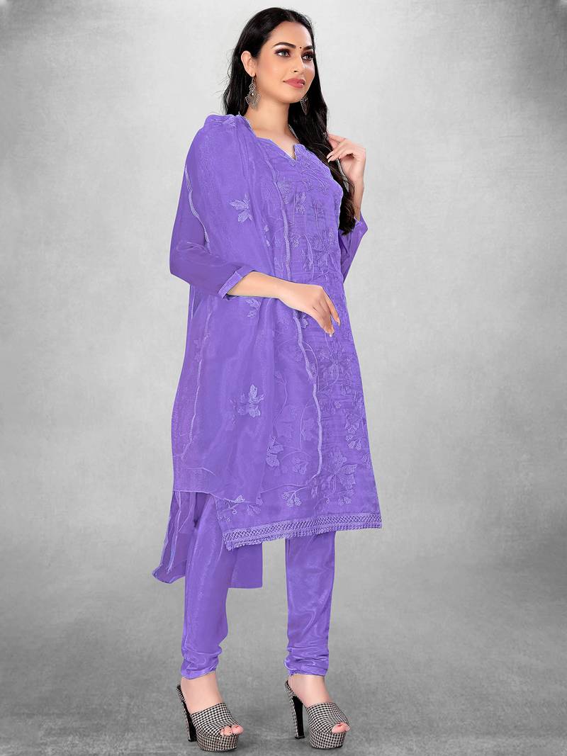 Leeza Store Women's Purple Organza Silk Floral Printed Suit Dress Material With Organza Dupatta