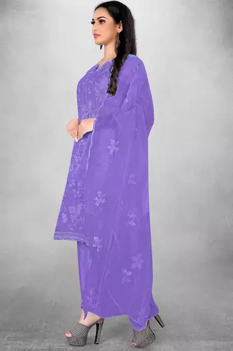 Women's Purple Organza Silk Floral Printed Suit Dress Material With Organza Dupatta