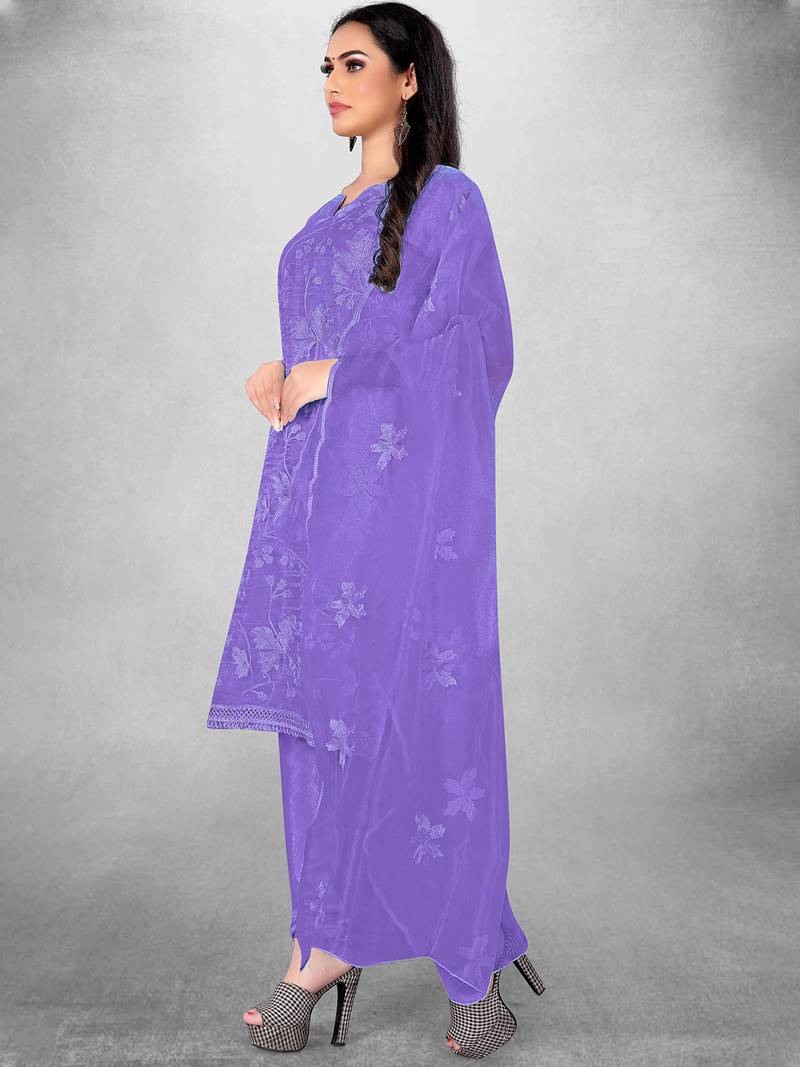 Leeza Store Women's Purple Organza Silk Floral Printed Suit Dress Material With Organza Dupatta
