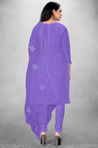 Women's Purple Organza Silk Floral Printed Suit Dress Material With Organza Dupatta