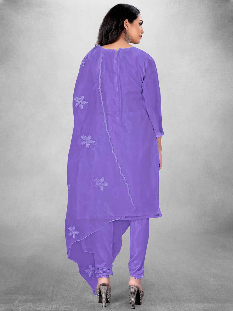 Leeza Store Women's Purple Organza Silk Floral Printed Suit Dress Material With Organza Dupatta