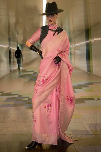 Pink Handloom Silk Jacquared Woven Work Saree With Blouse