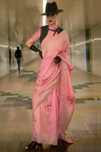 Pink Handloom Silk Jacquared Woven Work Saree With Blouse
