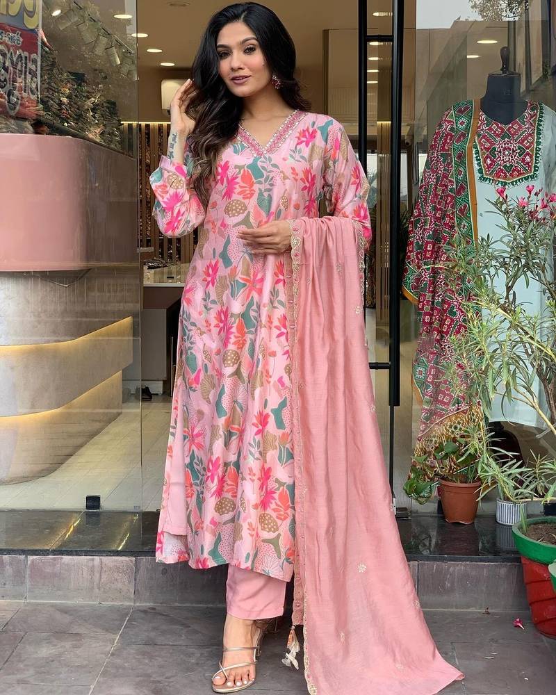 Printed Viscose Rayon Fabric Straight Kurta, Pant and Dupatta Set