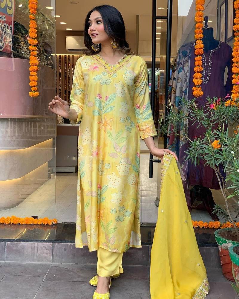 Printed Viscose Rayon Fabric Straight Kurta, Pant and Dupatta Set