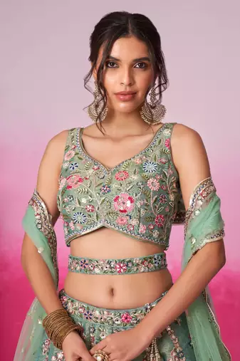 Sea Green Net Embroidered Semi-Stitched Bridal Lehenga Choli 