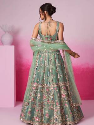 Sea Green Net Embroidered Semi-Stitched Bridal Lehenga Choli  3