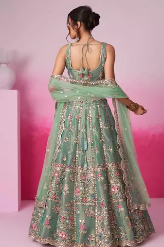 Sea Green Net Embroidered Semi-Stitched Bridal Lehenga Choli 