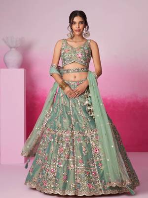 Sea Green Net Embroidered Semi-Stitched Bridal Lehenga Choli  1