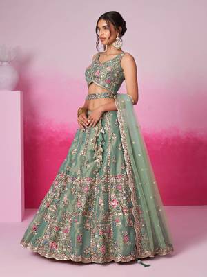 Sea Green Net Embroidered Semi-Stitched Bridal Lehenga Choli  4