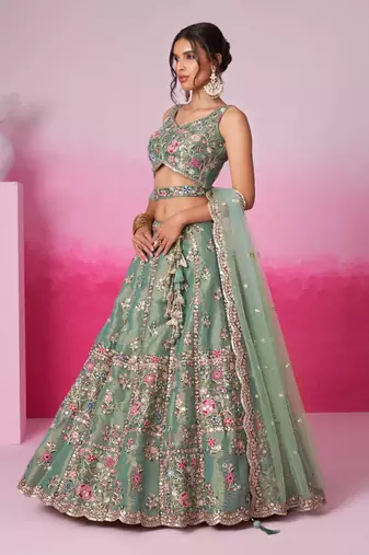 Sea Green Net Embroidered Semi-Stitched Bridal Lehenga Choli 