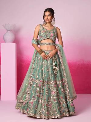 Sea Green Net Embroidered Semi-Stitched Bridal Lehenga Choli  5