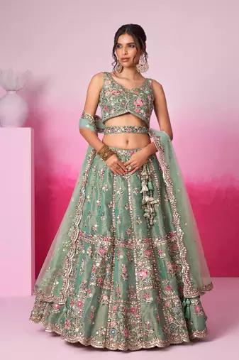 Sea Green Net Embroidered Semi-Stitched Bridal Lehenga Choli 