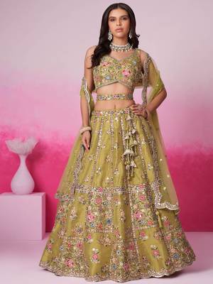 Mustard Bridel Net Moti  Sequins embroidery Semi-Stitched Bridel Lehenga choli & Dupatta 1