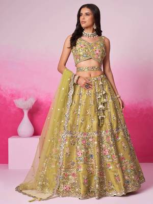 Mustard Bridel Net Moti  Sequins embroidery Semi-Stitched Bridel Lehenga choli & Dupatta 2