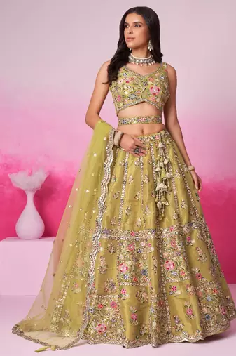 Mustard Bridel Net Moti  Sequins embroidery Semi-Stitched Bridel Lehenga choli & Dupatta