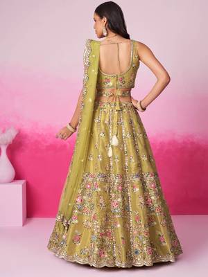Mustard Bridel Net Moti  Sequins embroidery Semi-Stitched Bridel Lehenga choli & Dupatta 3