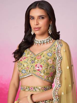 Mustard Bridel Net Moti  Sequins embroidery Semi-Stitched Bridel Lehenga choli & Dupatta 4