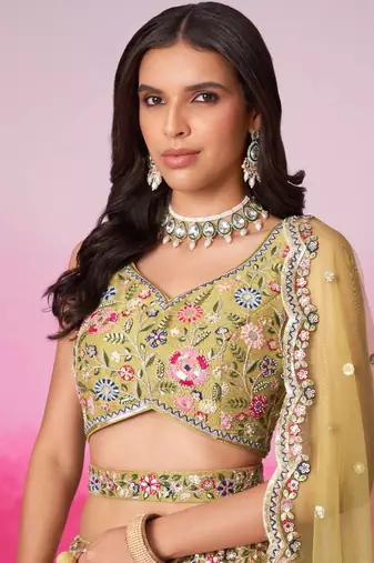 Mustard Bridel Net Moti  Sequins embroidery Semi-Stitched Bridel Lehenga choli & Dupatta