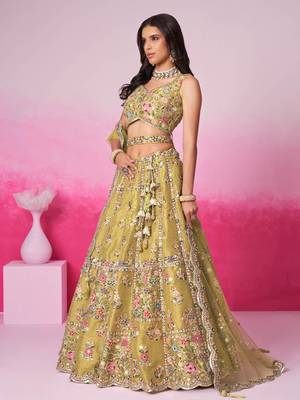 Mustard Bridel Net Moti  Sequins embroidery Semi-Stitched Bridel Lehenga choli & Dupatta 5
