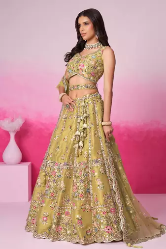 Mustard Bridel Net Moti  Sequins embroidery Semi-Stitched Bridel Lehenga choli & Dupatta
