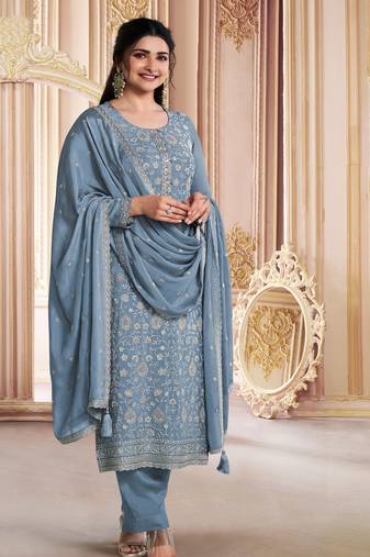 Grey designer embroidered premium silk semi stitched salwar suit