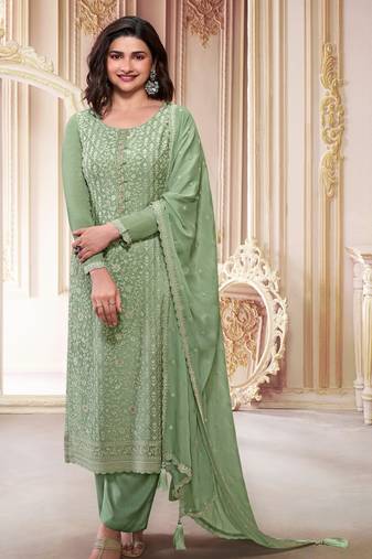 Green designer embroidered premium silk semi stitched salwar suit