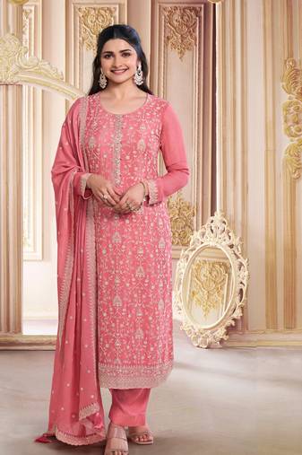 Peach designer embroidered premium silk semi stitched salwar suit