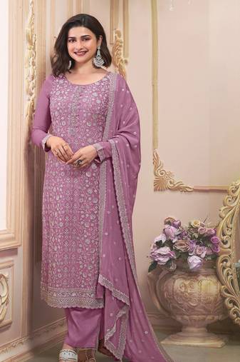 Purple designer embroidered premium silk semi stitched salwar suit