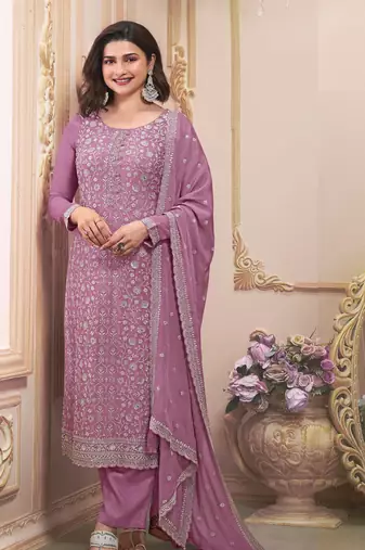 Purple designer embroidered premium silk semi stitched salwar suit