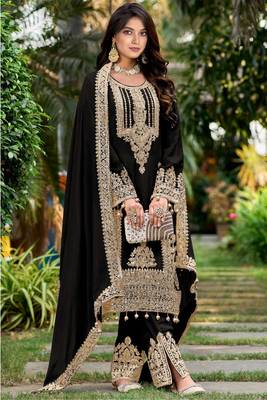 Black embroidered silk semi stitched plazzo suit 1