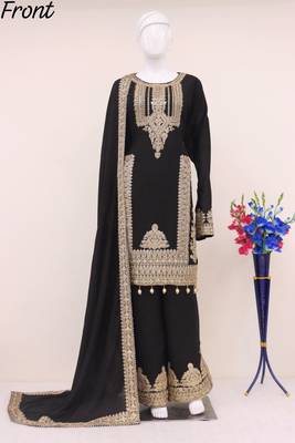 Black embroidered silk semi stitched plazzo suit 2