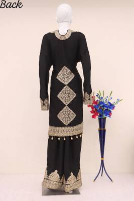 Black embroidered silk semi stitched plazzo suit 3